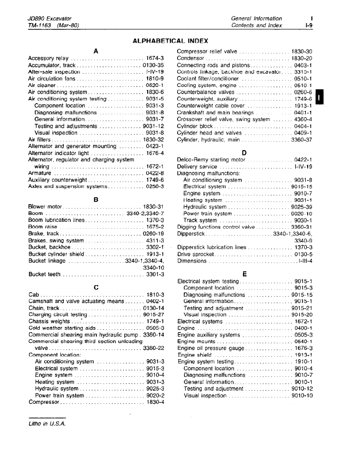 TM1163 JD890 Excavator Technical Service & Maintenance Manual