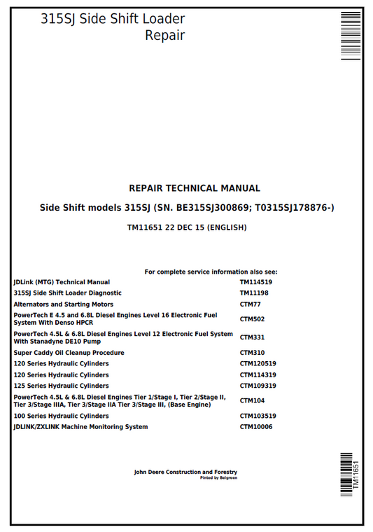 TM11651 John Deere 315SJ Side Shift Loader Repair Technical Manual
