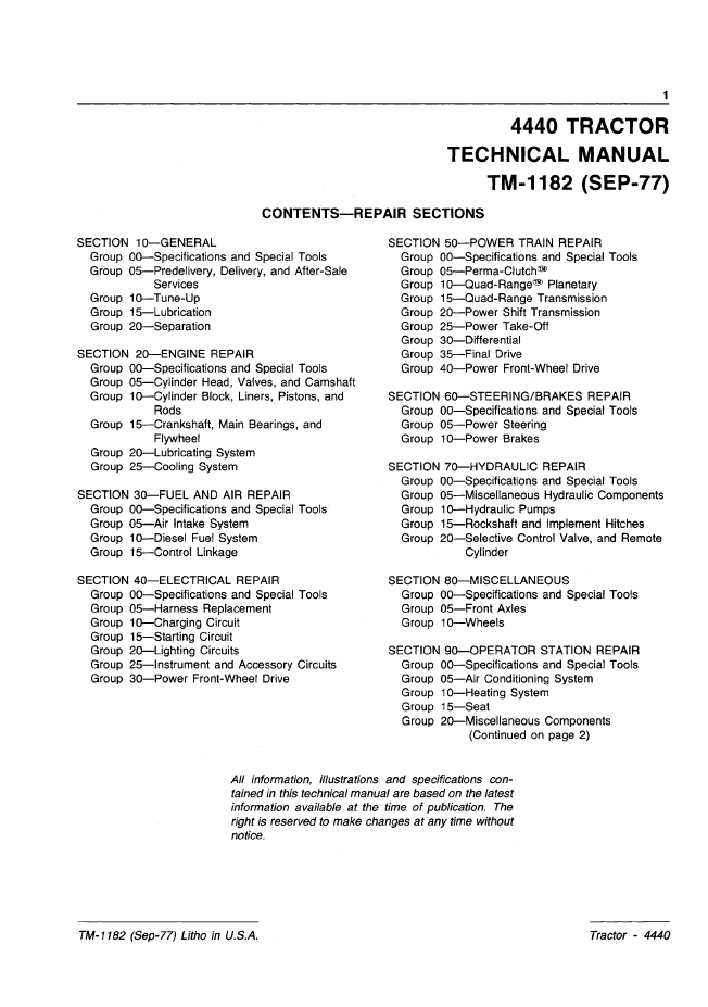 TM1182 John Deere 4440 Tractor Repair & Service Manual