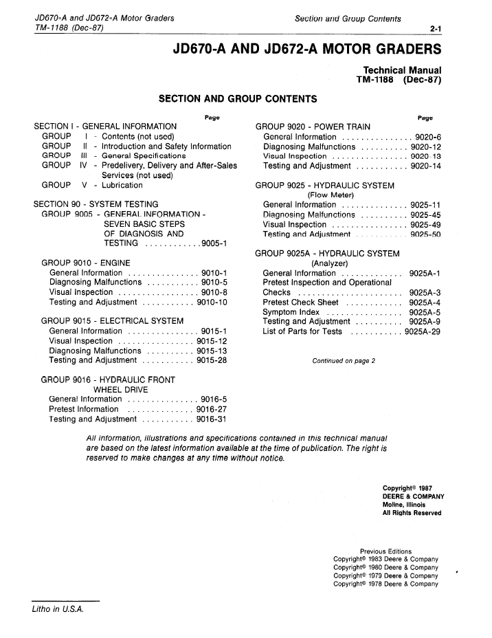 TM1188 John Deere 670A 672A Grader Operation Manual PDF Download
