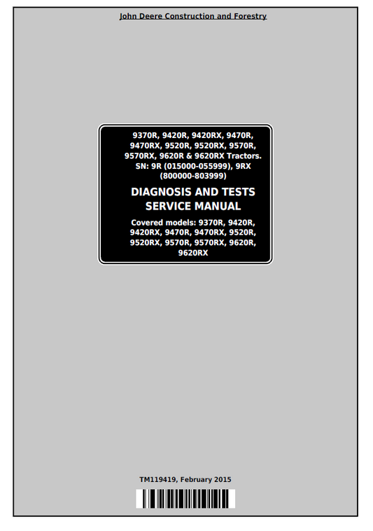 TM119419 John Deere 9R & 9RX Tractor Diagnosis Test Manual