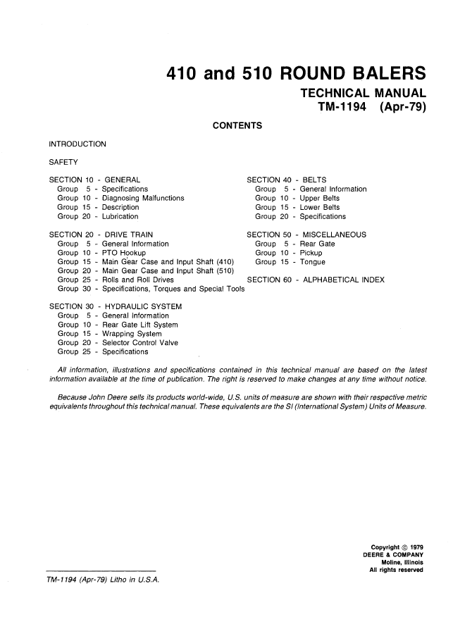 TM1194 John Deere Round Baler Operation & Repair Manual 410-510 Series