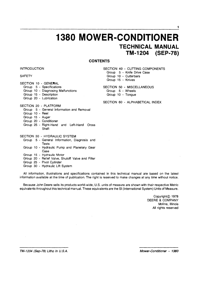 TM1204 John Deere 1380 Mower Conditioner Repair Service Manual