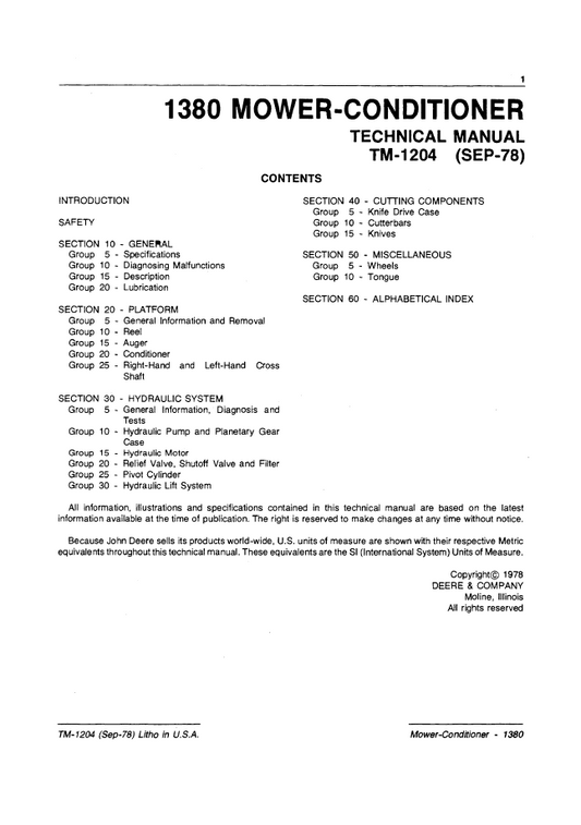 TM1204 John Deere 1380 Mower Conditioner Repair Service Manual