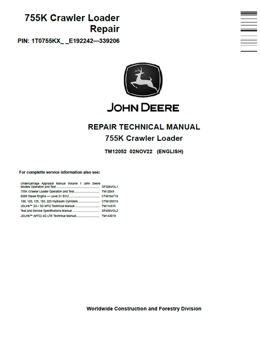 TM12052 John Deere 755K Crawler Loader Repair Technical Manual