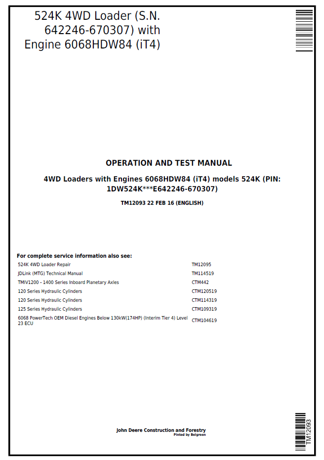 TM12093 John Deere 524K 4WD Loader 6068HDW84 Operation Test Manual