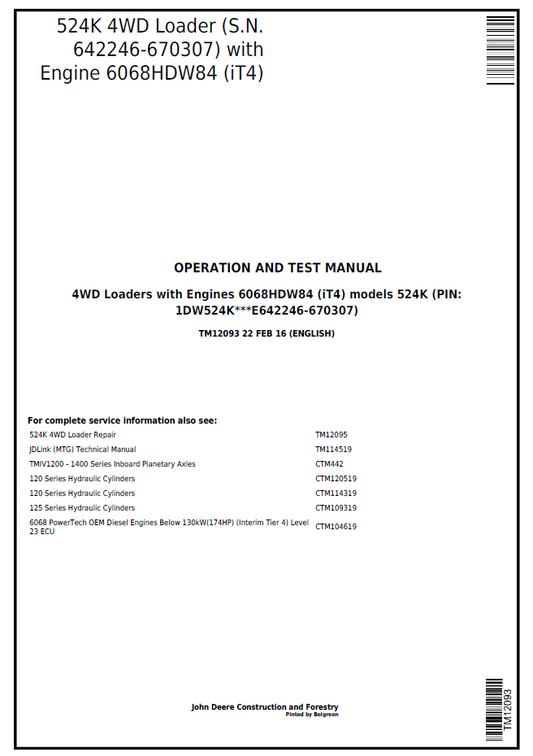 TM12093 John Deere 524K 4WD Loader 6068HDW84 Operation Test Manual