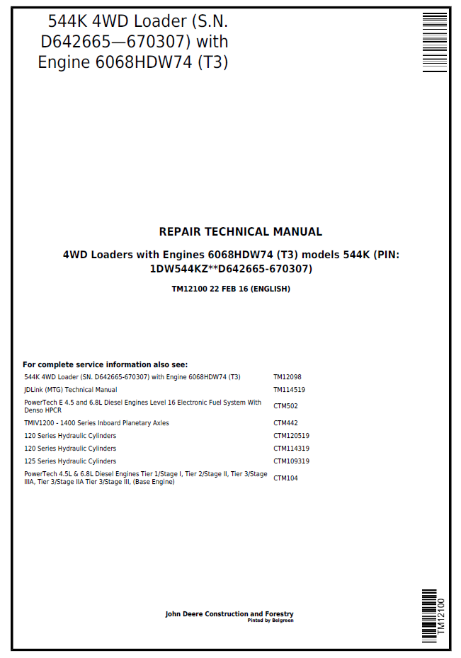 TM12100 John Deere 544K 4WD Loader Repair Technical Manual
