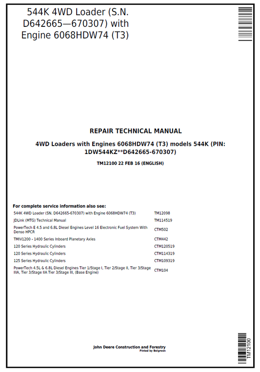 TM12100 John Deere 544K 4WD Loader Repair Technical Manual