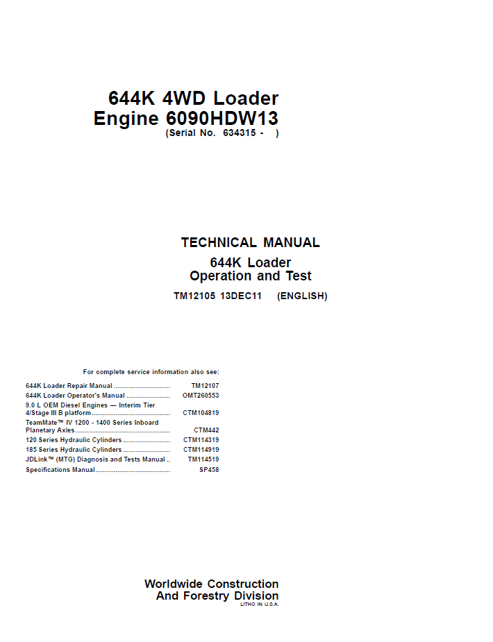 TM12105 John Deere 644K 4WD Loader 6090HDW13 Operation & Test Manual