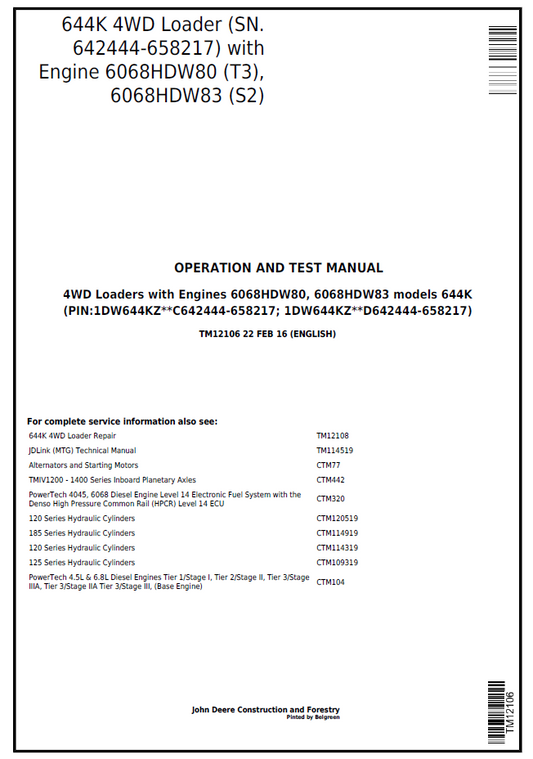 TM12106 John Deere 344K 4WD Loader Operation & Test Manual