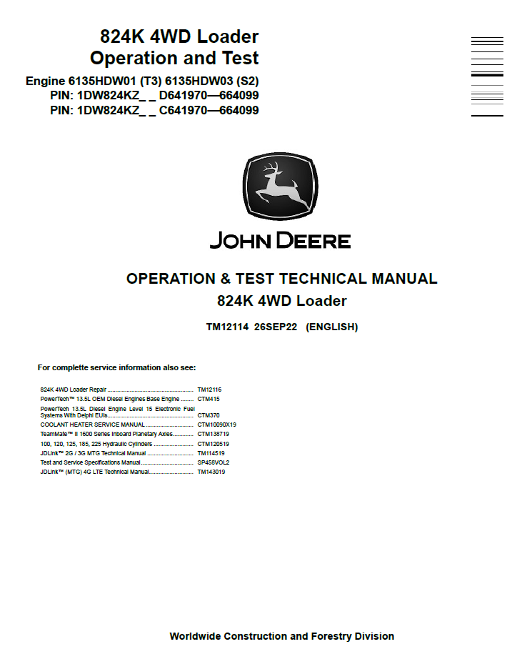 TM12114 John Deere 824K 4WD Loader Operation & Test Technical Manual