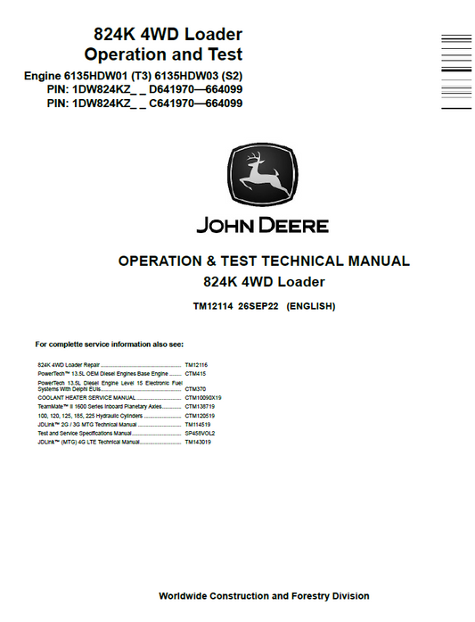 TM12114 John Deere 824K 4WD Loader Operation & Test Technical Manual