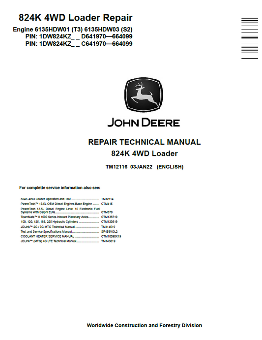 TM12116 John Deere 824K 4WD Loader Repair Technical Manual