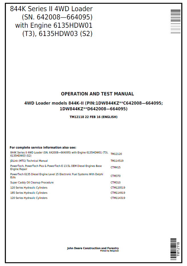 TM12118 John Deere 844K-II 4WD Loader Operation & Test Technical Manual