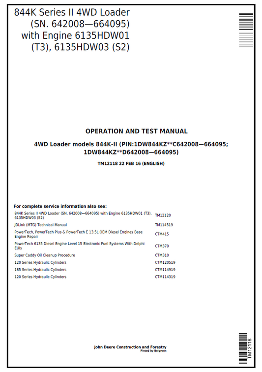 TM12118 John Deere 844K-II 4WD Loader Operation & Test Technical Manual