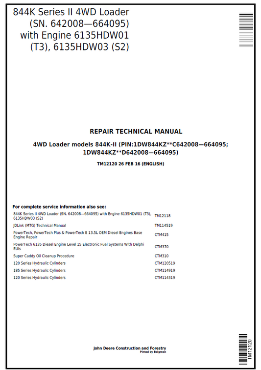 TM12120 John Deere 844K Series II 4WD Loader Repair Technical Manual