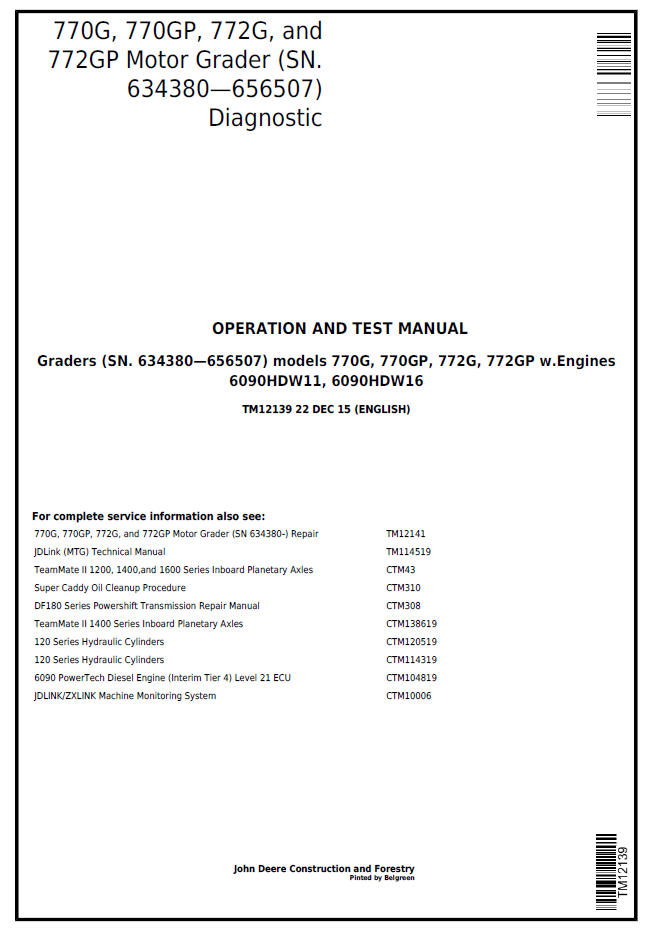 TM12139 John Deere 770G 770GP 772G 772GP Motor Grader Diagnostic Manual