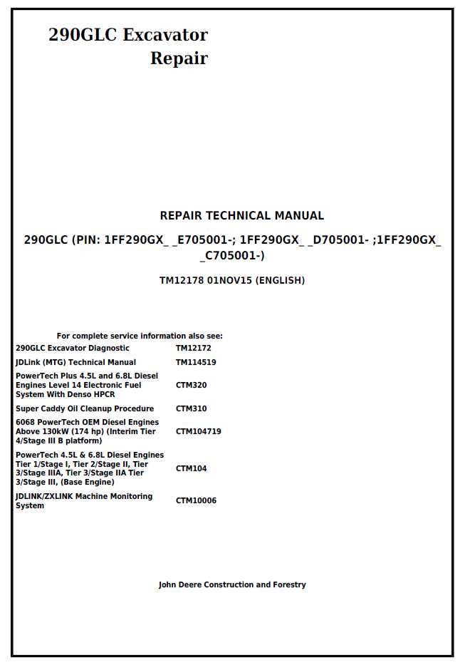 TM12178 John Deere 290GLC Excavator Repair Technical Manual