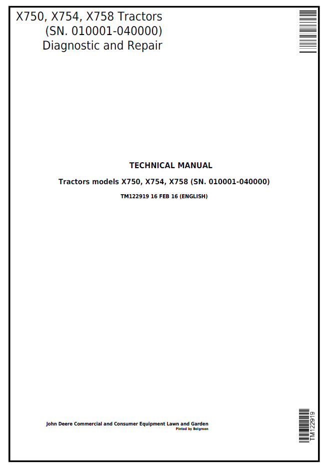 TM122919 John Deere X750 X754 X758 Tractor Diagnostic Repair Manual