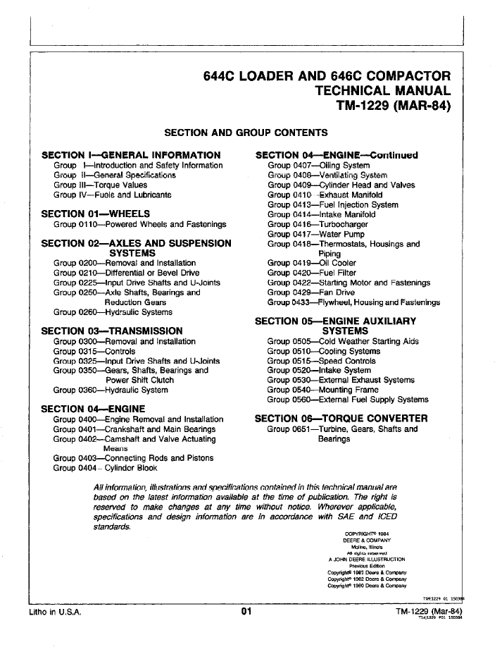 TM1229 John Deere JD644C JD646C Compactor Service Repair Manual