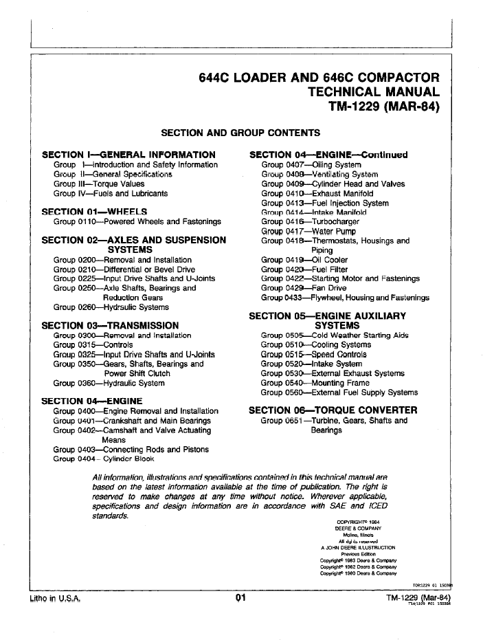 TM1229 John Deere JD644C Loader JD646C Compactor Technical Repair Manual
