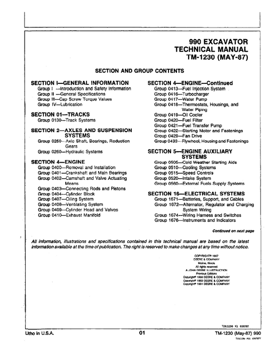 TM1230 John Deere 990 Excavator Repair & Maintenance Manual