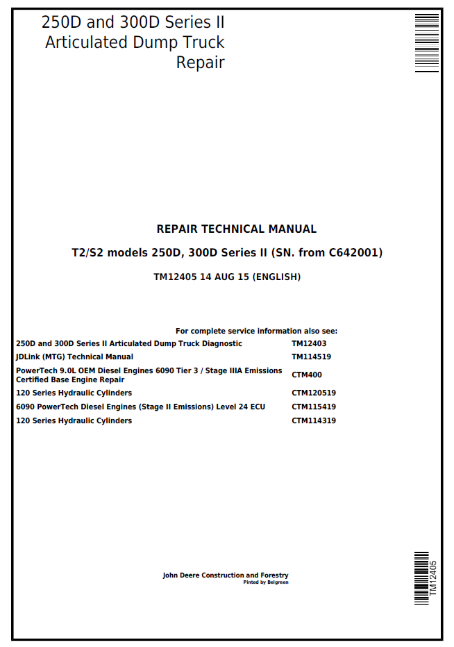 TM12405 John Deere 250D 300D Series II Articulated Dump Truck Repair Manual