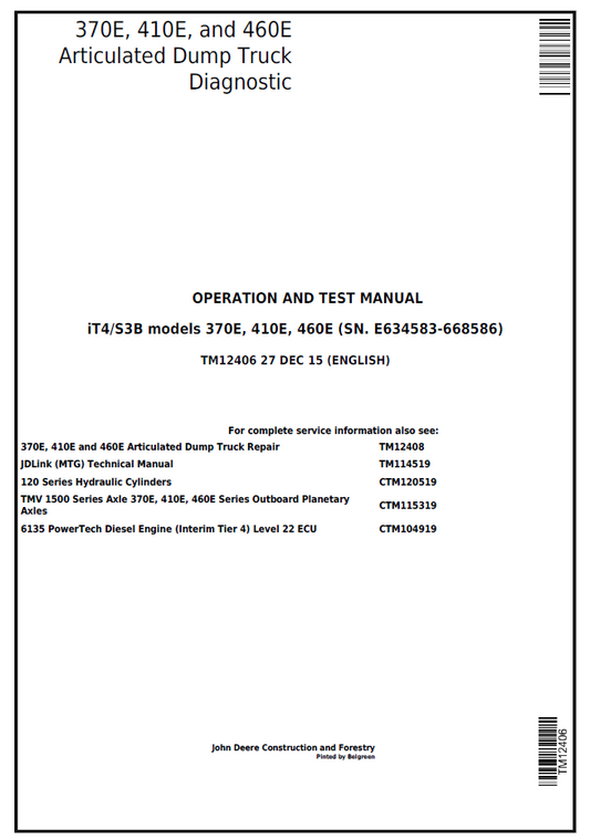 TM12406 John Deere 370E 410E 460E Articulated Dump Truck Diagnostic Manual
