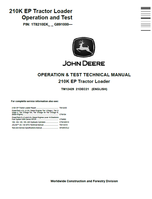 TM12429 John Deere 210K EP Tractor Loader Operation & Test Manual
