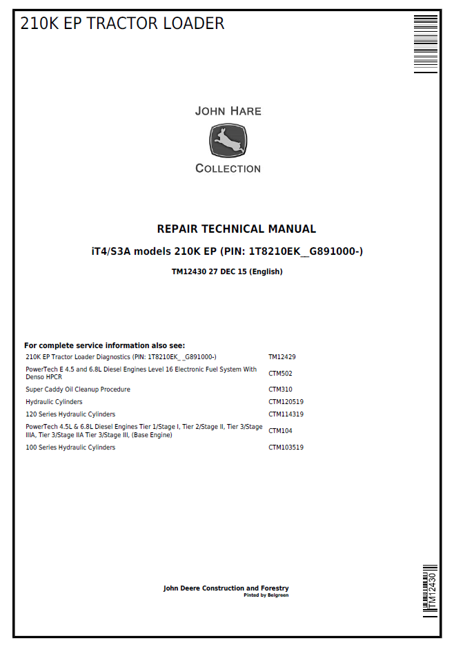 TM12430 John Deere 210K EP Tractor Loader Repair Technical Manual