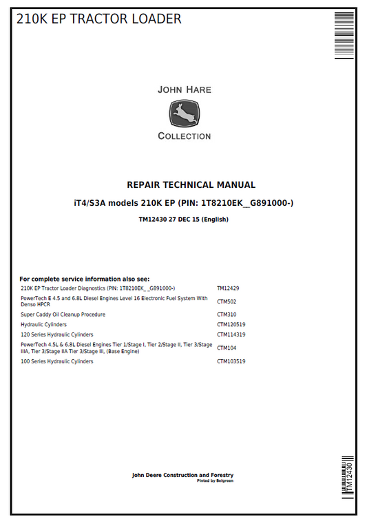 TM12430 John Deere 210K EP Tractor Loader Repair Technical Manual