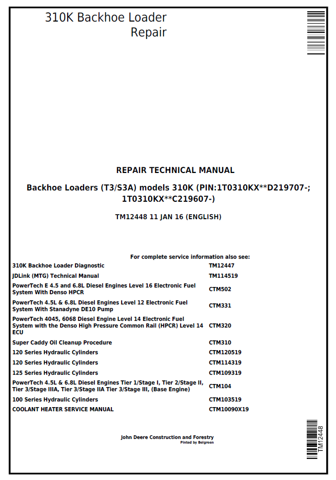 TM12448 John Deere 310K Backhoe Loader Service Repair Manual PDF