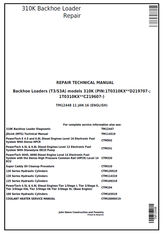 TM12448 John Deere 310K Backhoe Loader Service Repair Manual PDF