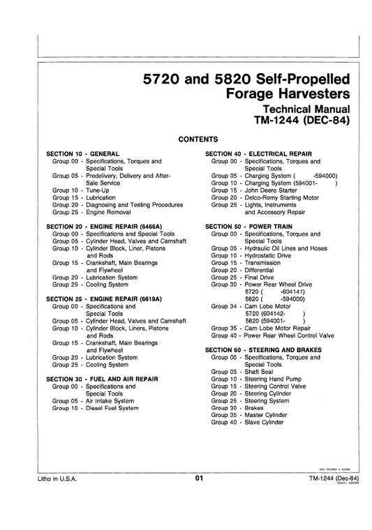TM1244 John Deere 5720-5820 Forage Harvester Repair Technical Manual