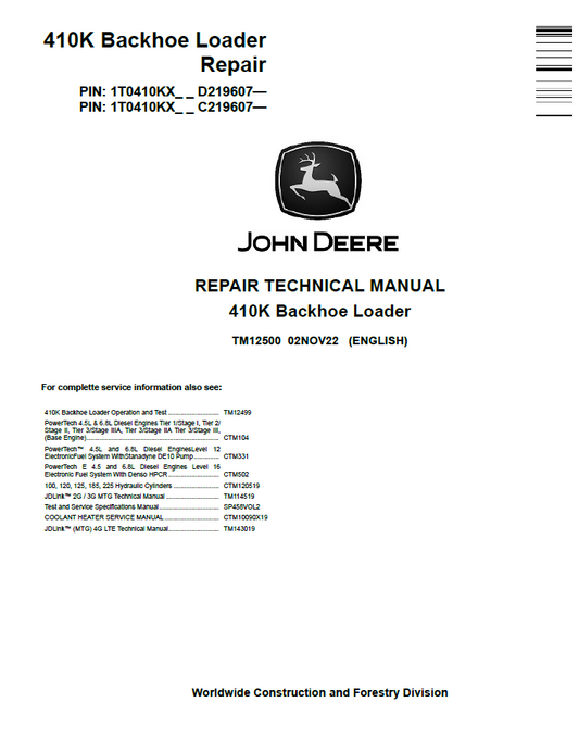 TM12500 John Deere 410K Backhoe Loader Repair Technical Manual