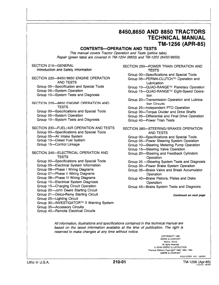 TM1256: John Deere 8450, 8650, 8850 Tractor Service & Technical Manual