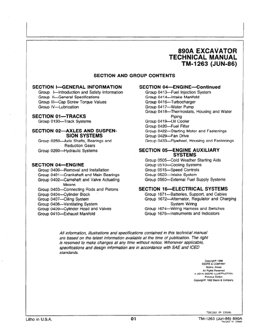 TM1263 John Deere 890A Excavator Service & Repair Manual