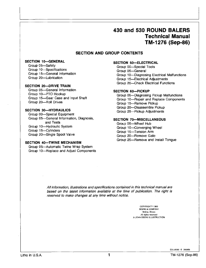 TM1276 John Deere Round Baler Operation & Repair Manual 430-530 Series