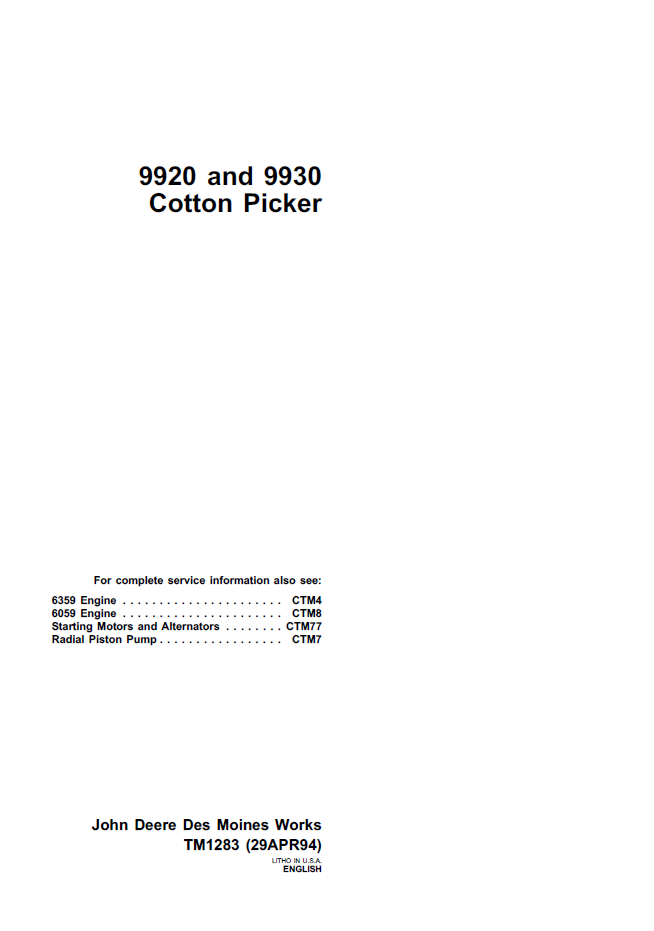 TM1283 John Deere 9920 & 9930 Cotton Picker Service Manual