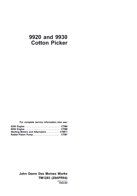 TM1283 John Deere 9920 & 9930 Cotton Picker Service Manual