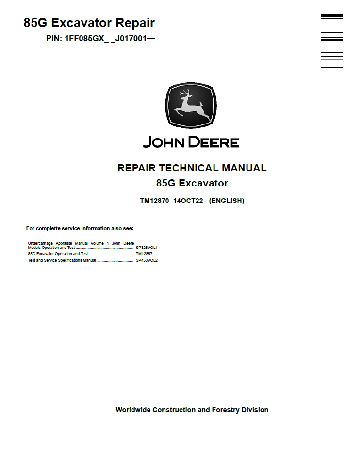 TM12870 John Deere 85G Excavator Repair Technical Manual