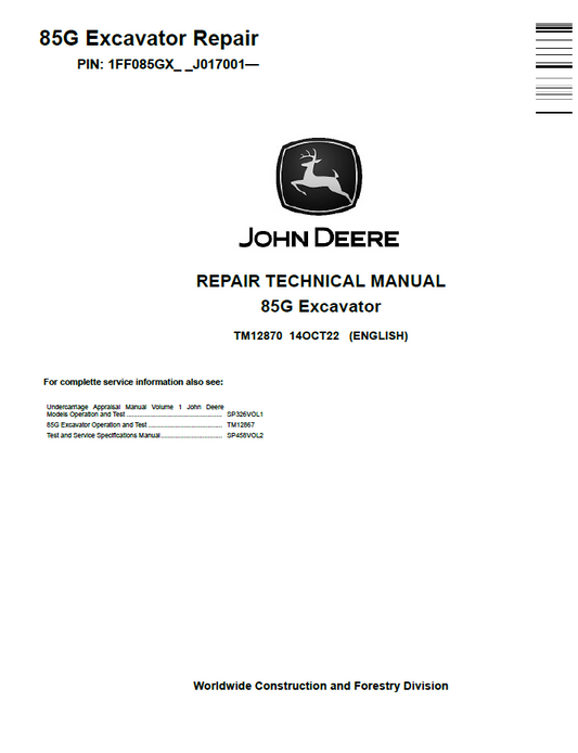 TM12870 John Deere 85G Excavator Repair Technical Manual
