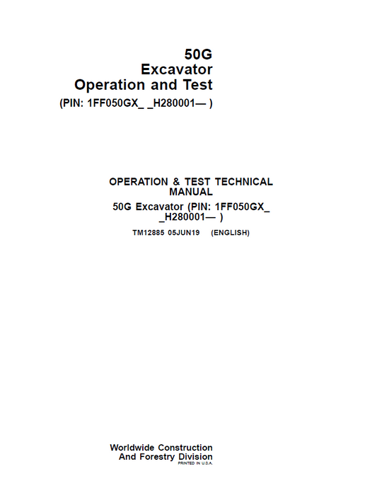 TM12885 John Deere 50G Excavator Operation & Test Technical Manual