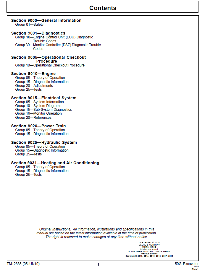 TM12885 John Deere 50G Hydraulic Excavator Testing Manual