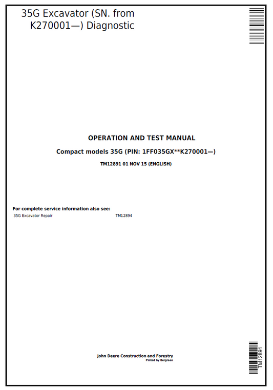 TM12891 John Deere 35G Excavator Diagnostic & Test Manual PDF