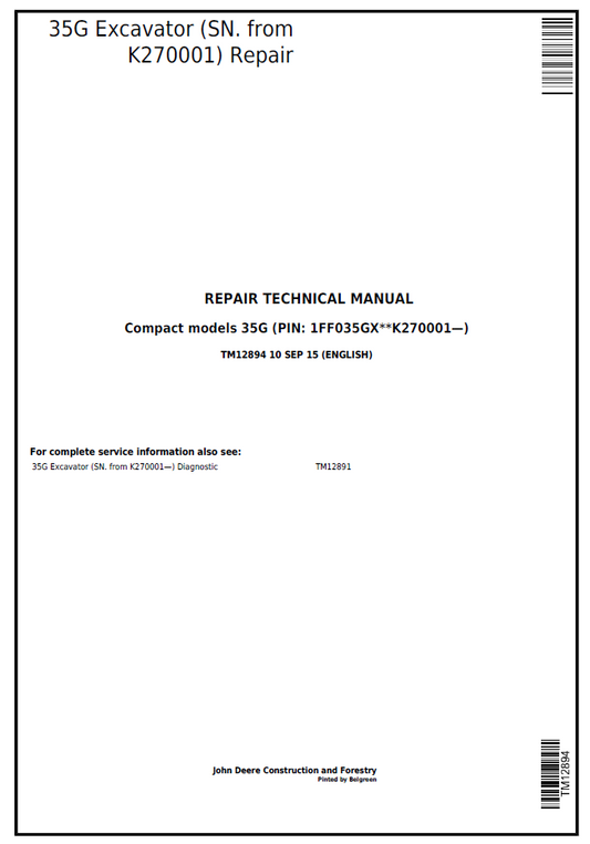 TM12894 John Deere 35G Excavator Repair Technical Manual PDF