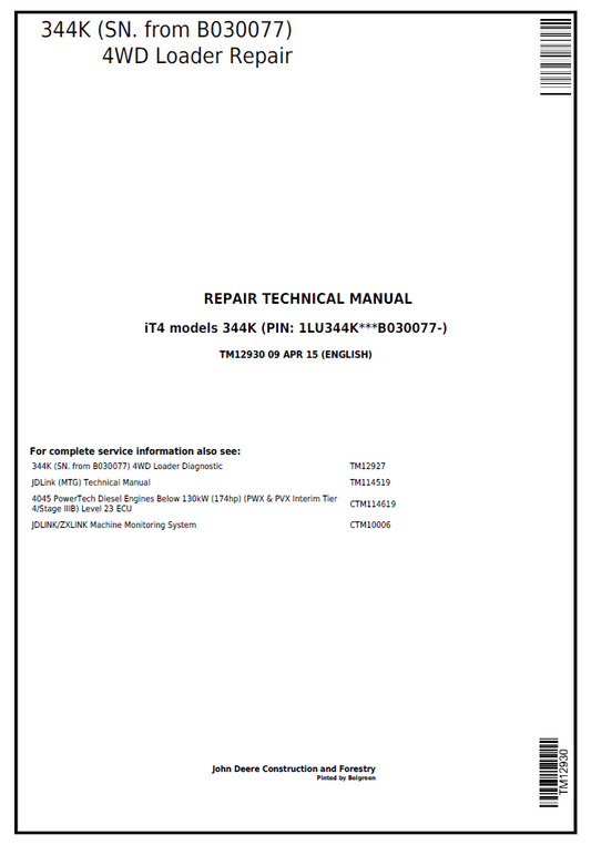 TM12930 John Deere 344K 4WD Loader Repair Technical Manual