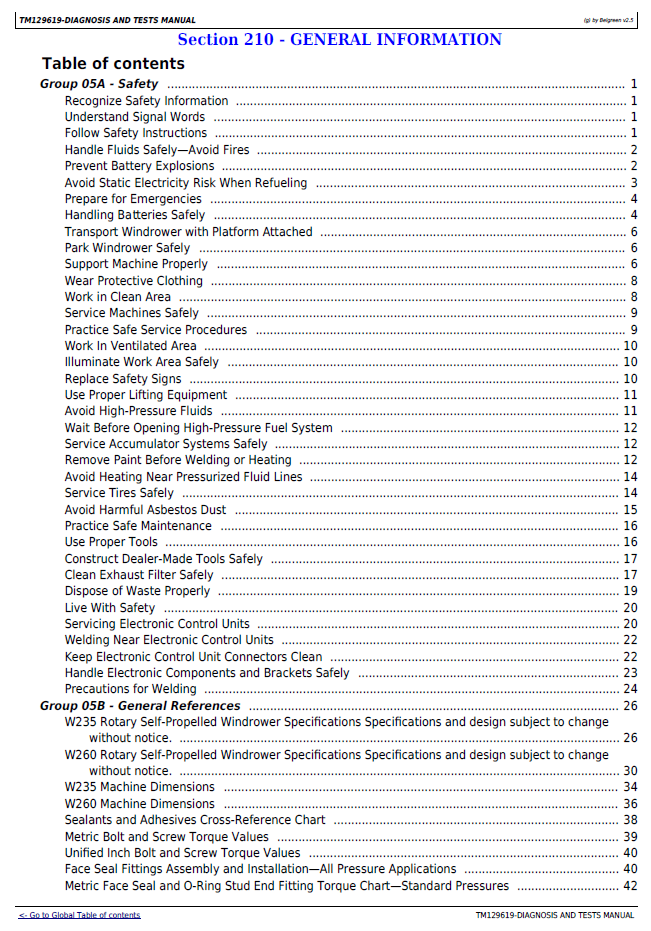 TM129619 John Deere W235-W260 Windrower Technical Test Manual