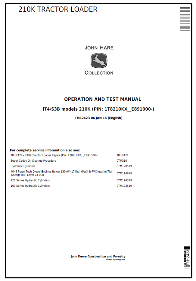 TM12985 John Deere 210K Tractor Loader Operation & Test Manual
